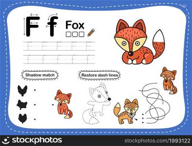 Alphabet Letter F-fox exercise with cartoon vocabulary illustration, vector
