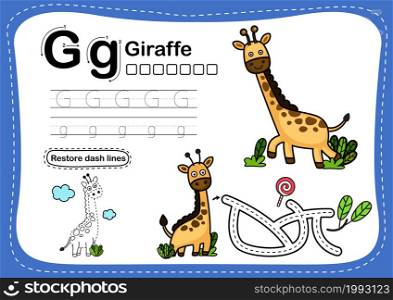 Alphabet Letter G-giraffe exercise with cartoon vocabulary illustration, vector