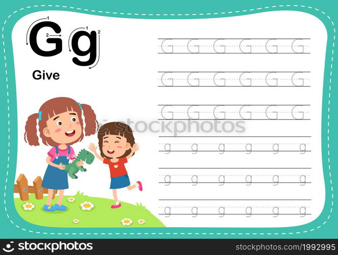 Alphabet Letter G - Give exercise with cut girl vocabulary illustration, vector