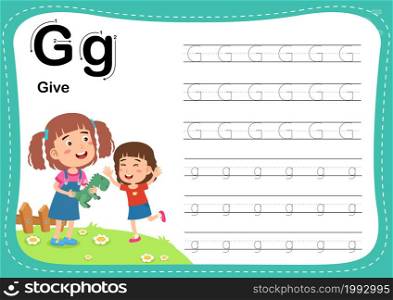 Alphabet Letter G - Give exercise with cut girl vocabulary illustration, vector