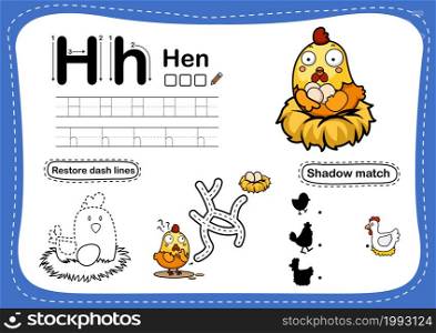 Alphabet Letter H-hen exercise with cartoon vocabulary illustration, vector