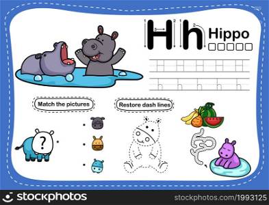 Alphabet Letter H-hippo exercise with cartoon vocabulary illustration, vector