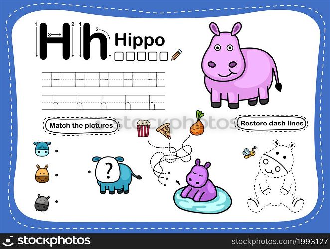 Alphabet Letter H-hippo exercise with cartoon vocabulary illustration, vector