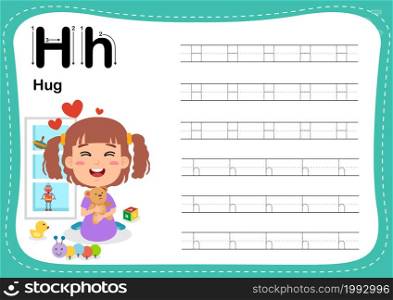 Alphabet Letter H - Hug exercise with cut girl vocabulary illustration, vector
