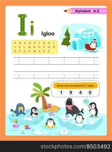 Alphabet Letter I - Igloo  exercise with cartoon vocabulary illustration, vector