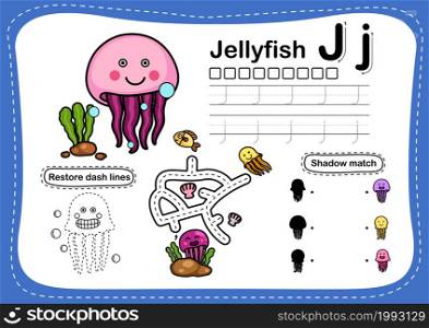 Alphabet Letter J-jellyfish exercise with cartoon vocabulary illustration, vector