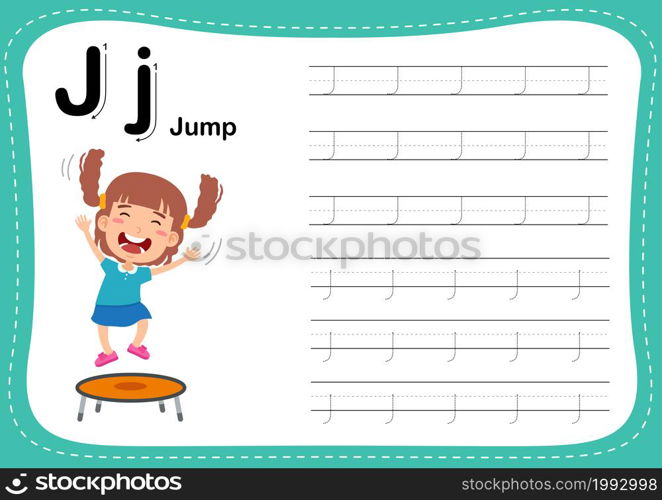 Alphabet Letter J - Jump exercise with cut girl vocabulary illustration, vector