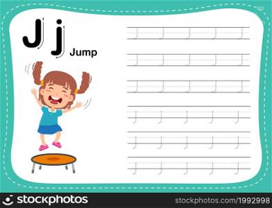 Alphabet Letter J - Jump exercise with cut girl vocabulary illustration, vector
