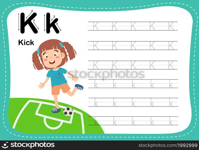 Alphabet Letter K - Kick exercise with cut girl vocabulary illustration, vector