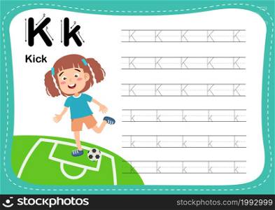 Alphabet Letter K - Kick exercise with cut girl vocabulary illustration, vector