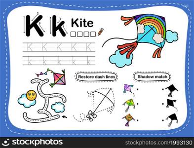 Alphabet Letter K-kite exercise with cartoon vocabulary illustration, vector