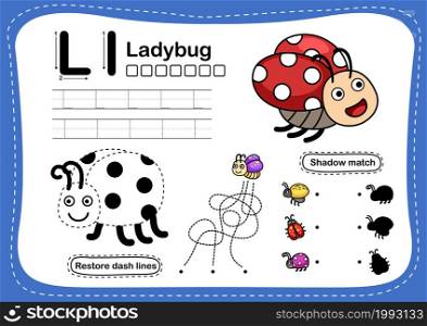 Alphabet Letter L-ladybug exercise with cartoon vocabulary illustration, vector