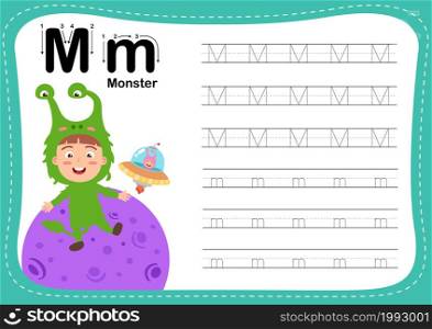 Alphabet Letter M - Monster exercise with cut girl vocabulary illustration, vector