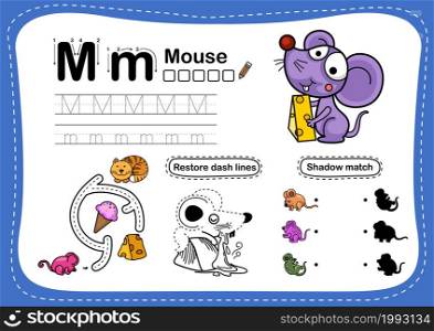 Alphabet Letter M-mouse exercise with cartoon vocabulary illustration,vector