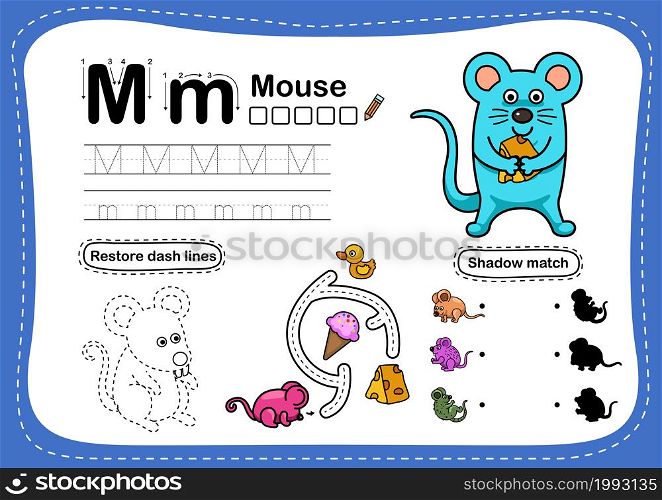 Alphabet Letter M-mouse exercise with cartoon vocabulary illustration, vector