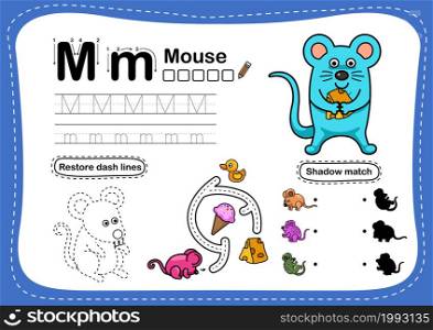 Alphabet Letter M-mouse exercise with cartoon vocabulary illustration, vector