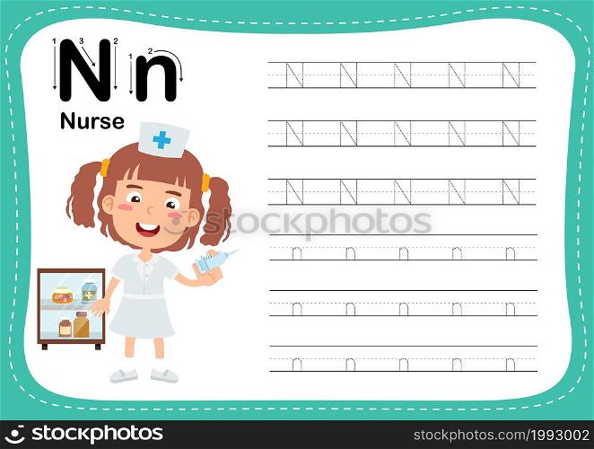 Alphabet Letter N - Nurse exercise with cut girl vocabulary illustration, vector