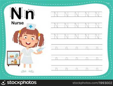 Alphabet Letter N - Nurse exercise with cut girl vocabulary illustration, vector