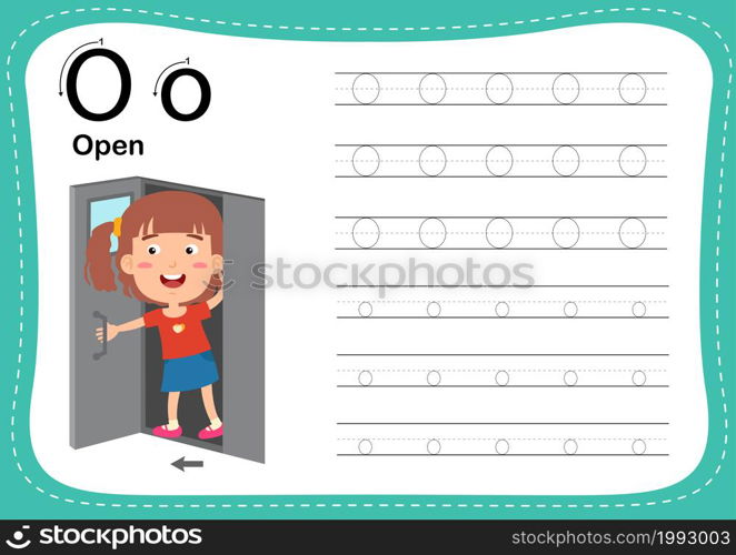 Alphabet Letter O - Open exercise with cut girl vocabulary illustration, vector