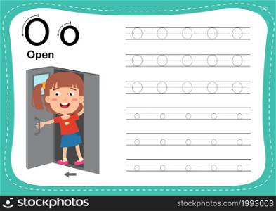 Alphabet Letter O - Open exercise with cut girl vocabulary illustration, vector