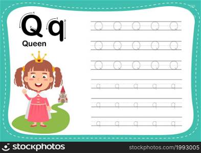 Alphabet Letter Q - Queen with cut girl vocabulary illustration, vector