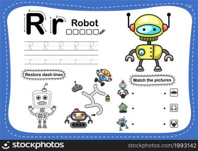 Alphabet Letter R-robot exercise with cartoon vocabulary illustration, vector
