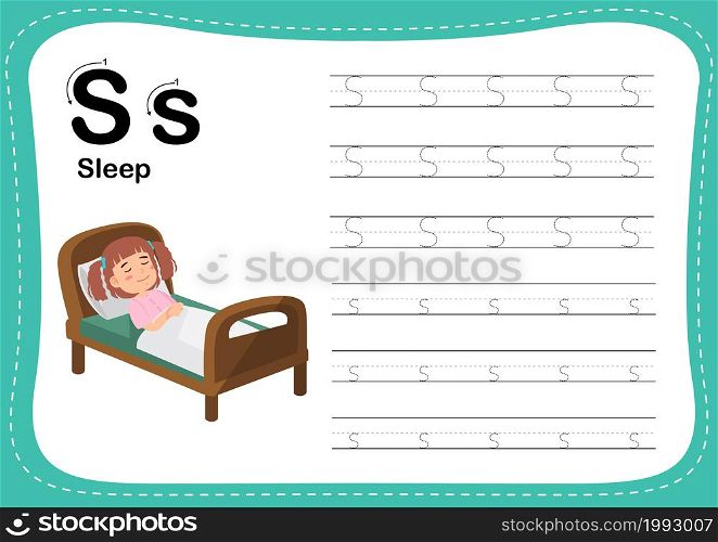 Alphabet Letter S - Sleep exercise with cut girl vocabulary illustration, vector