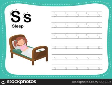Alphabet Letter S - Sleep exercise with cut girl vocabulary illustration, vector