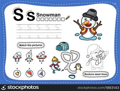 Alphabet Letter S-snowman exercise with cartoon vocabulary illustration, vector