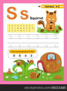 Alphabet Letter S - Squirrel exercise with cartoon vocabulary illustration, vector