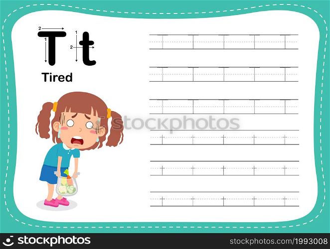 Alphabet Letter T - Tired exercise with cut girl vocabulary illustration, vector