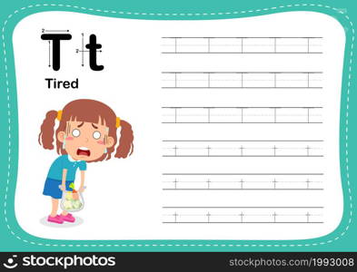 Alphabet Letter T - Tired exercise with cut girl vocabulary illustration, vector