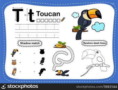 Alphabet Letter T-toucan exercise with cartoon vocabulary illustration, vector