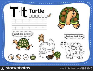 Alphabet Letter T-turtle exercise with cartoon vocabulary illustration, vector