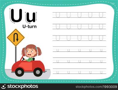 Alphabet Letter U - U-turn exercise with cut girl vocabulary illustration, vector
