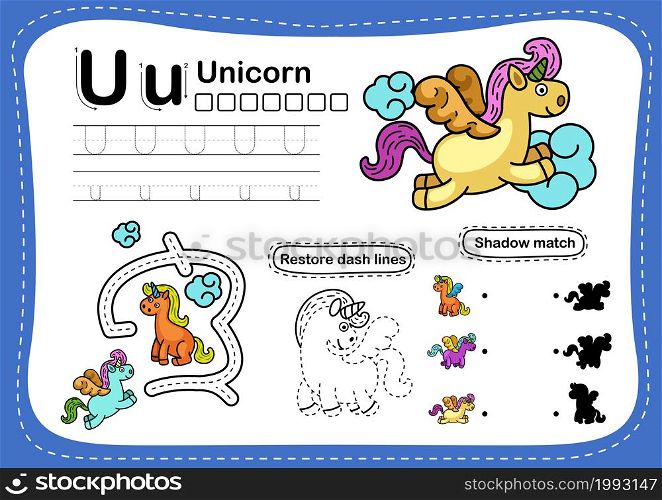 Alphabet Letter U-unicorn exercise with cartoon vocabulary illustration, vector