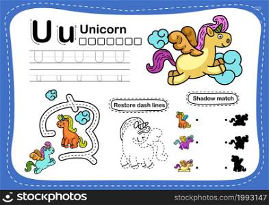 Alphabet Letter U-unicorn exercise with cartoon vocabulary illustration, vector