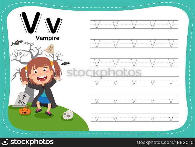 Alphabet Letter V - Vampire exercise with cut girl vocabulary illustration, vector