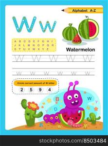 Alphabet Letter W - Watermelon  exercise with cartoon vocabulary illustration, vector