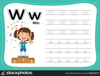 Alphabet Letter W - Win exercise with cut girl vocabulary illustration, vector