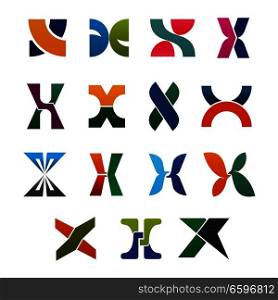 Alphabet letter X icons for corporate identity font design. Uppercase symbols X, formed of colorful geometric figures, branded typography type for business card or emblem template. Corporate identity business cards with letter X