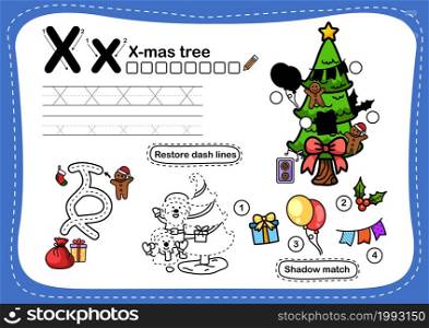Alphabet Letter X- x-mas tree exercise with cartoon vocabulary illustration, vector