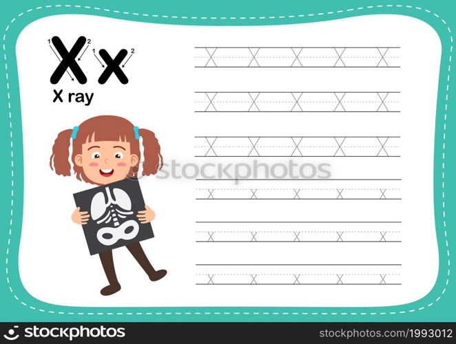 Alphabet Letter X - X-ray exercise with cut girl vocabulary illustration, vector