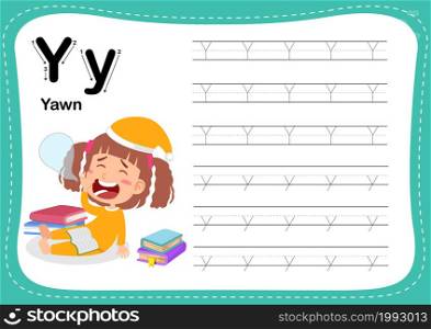 Alphabet Letter Y - Yawn exercise with cut girl vocabulary illustration, vector