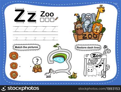Alphabet Letter Z-zoo exercise with cartoon vocabulary illustration, vector