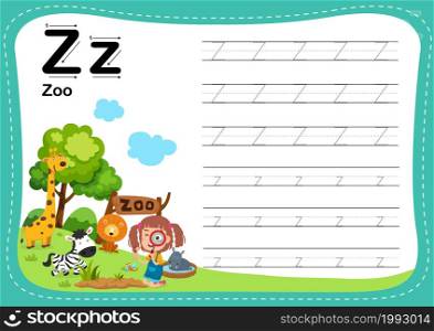 Alphabet Letter Z - Zoo exercise with cut girl vocabulary illustration, vector