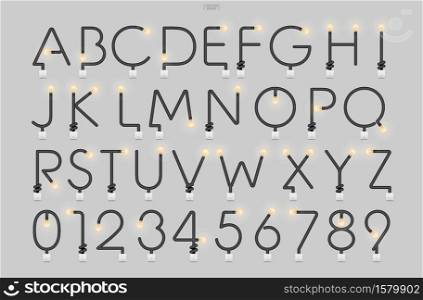 Alphabet letters and numbers in loft style. Abstract alphabet of light bulb and light switch on concrete wall background. Vector illustration.