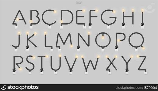Alphabet letters and numbers in loft style. Abstract alphabet of light bulb and light switch on concrete wall background. Vector illustration.