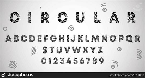 Alphabet letters and numbers of circular design. Round lines font template. Vector illustration.. Alphabet letters and numbers of circular design. Round lines font template. Vector illustration