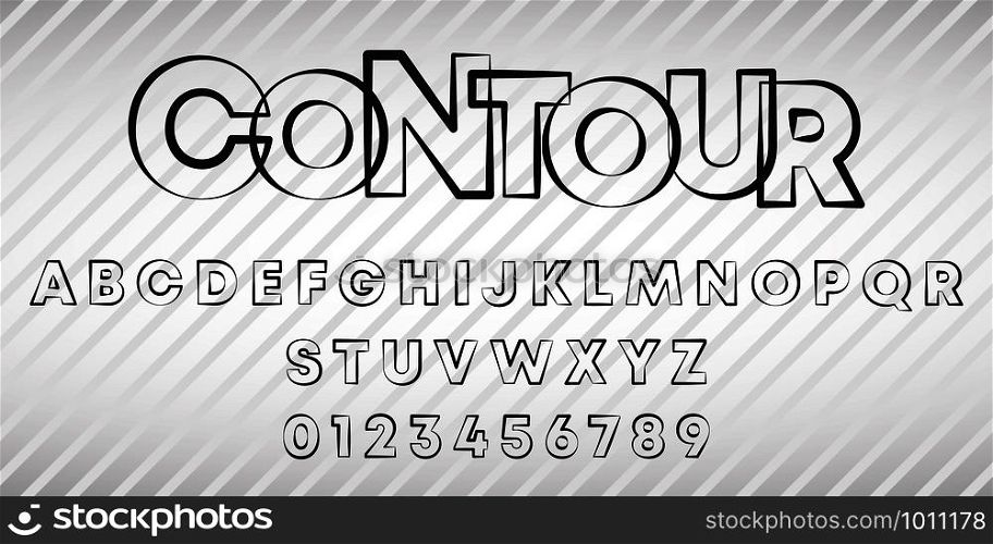 Alphabet letters and numbers of contour line design. Stamp stroke font template. Vector illustration.. Alphabet letters and numbers of contour line design. Stamp stroke font template. Vector illustration